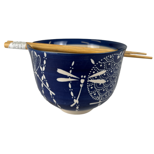 18oz 5"D Donburi Bowl With Chopsticks Set Tombo Dragonfly Design