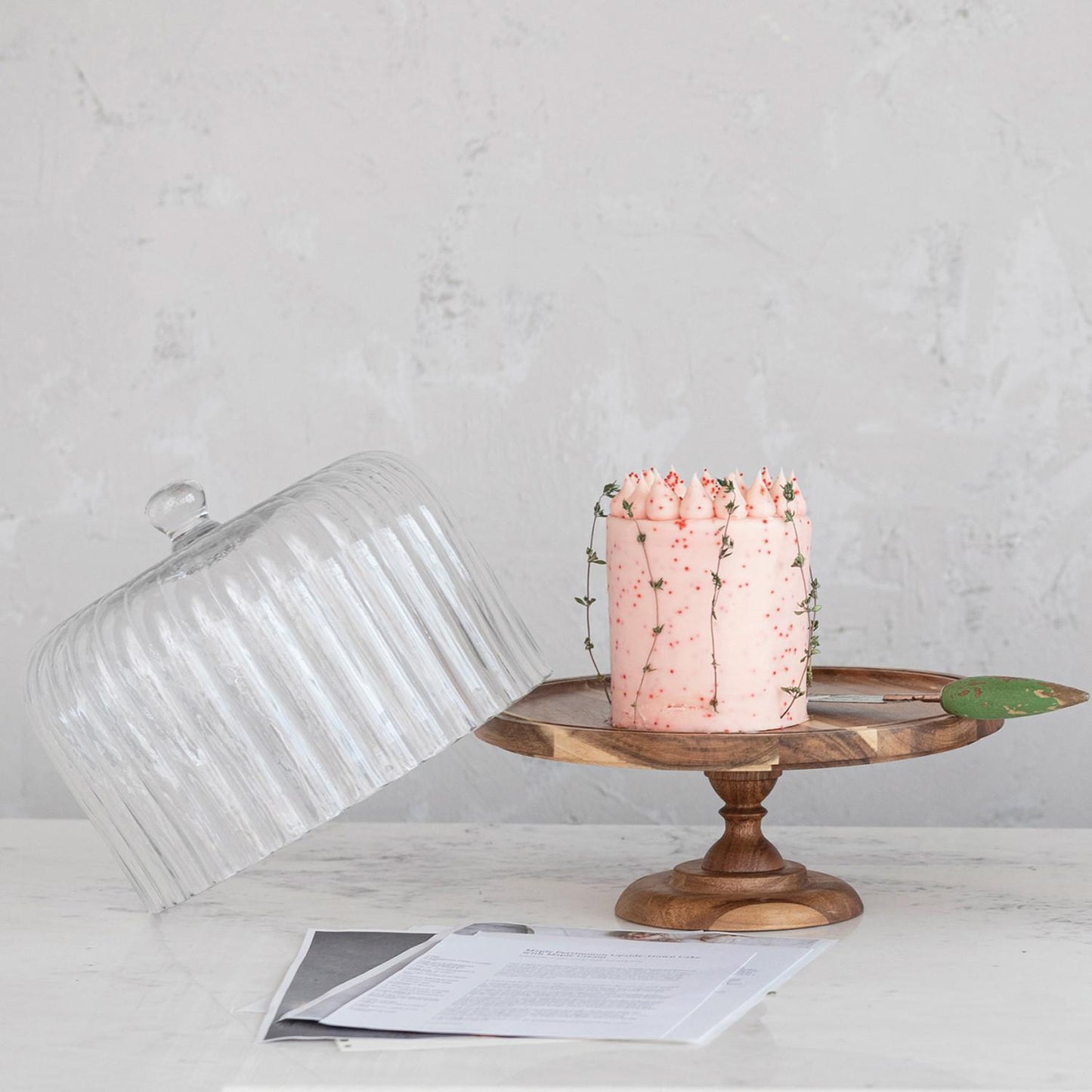 Acacia Wood Pedestal w/Fluted Glass Cloche