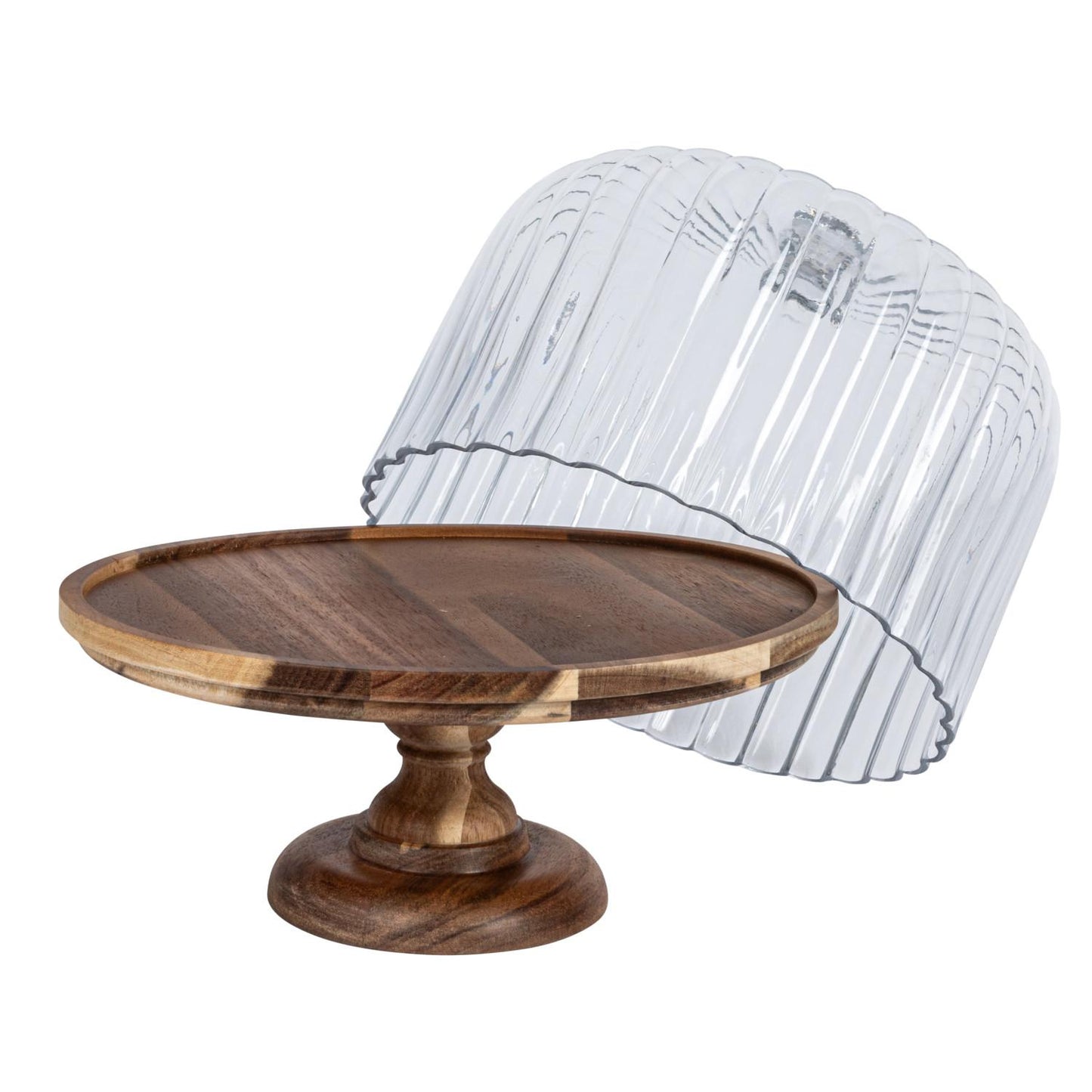 Acacia Wood Pedestal w/Fluted Glass Cloche