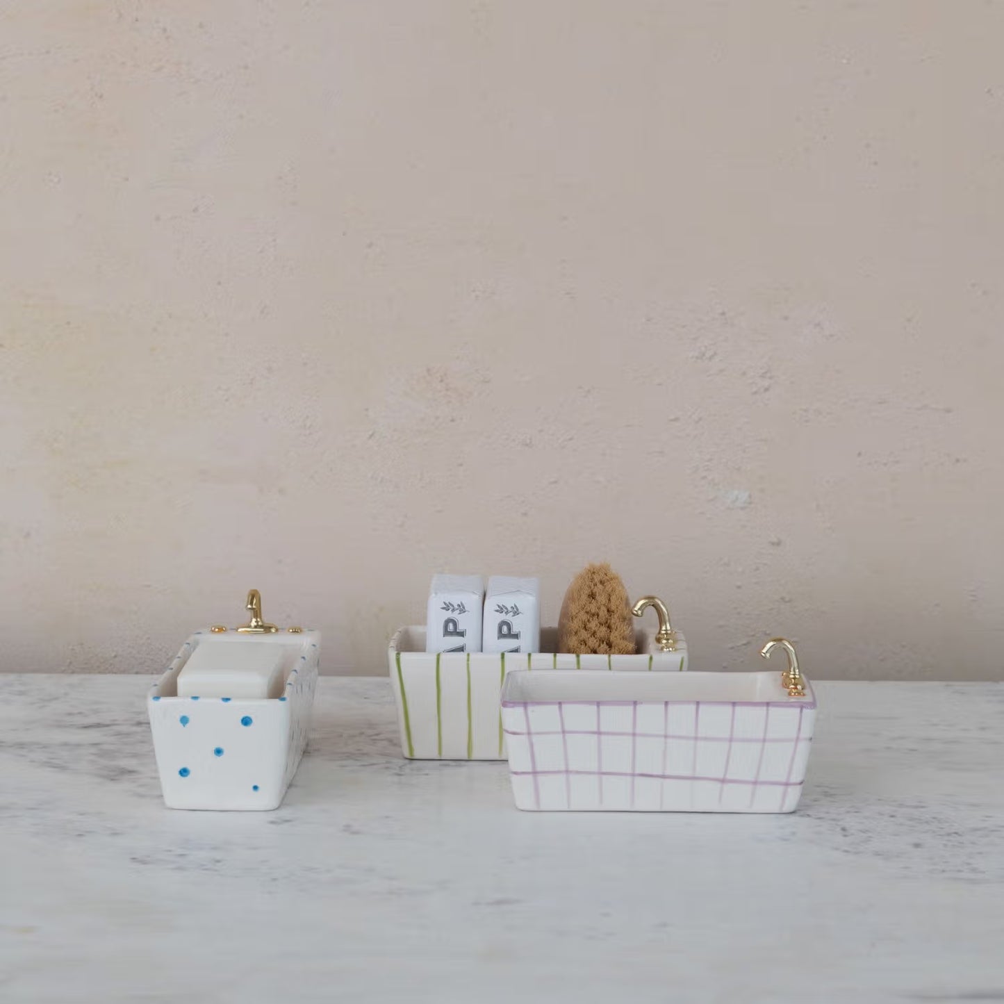 Hand-Painted Stoneware Bathtub-Shaped Soap Dish