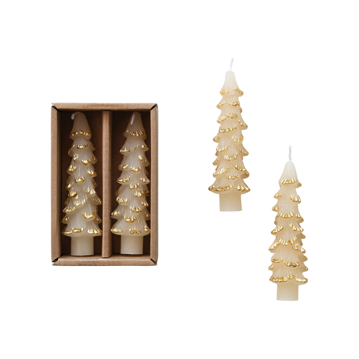 Unscented Tree Shaped Taper Candles w/ Gold Tips in Box, Set of 2