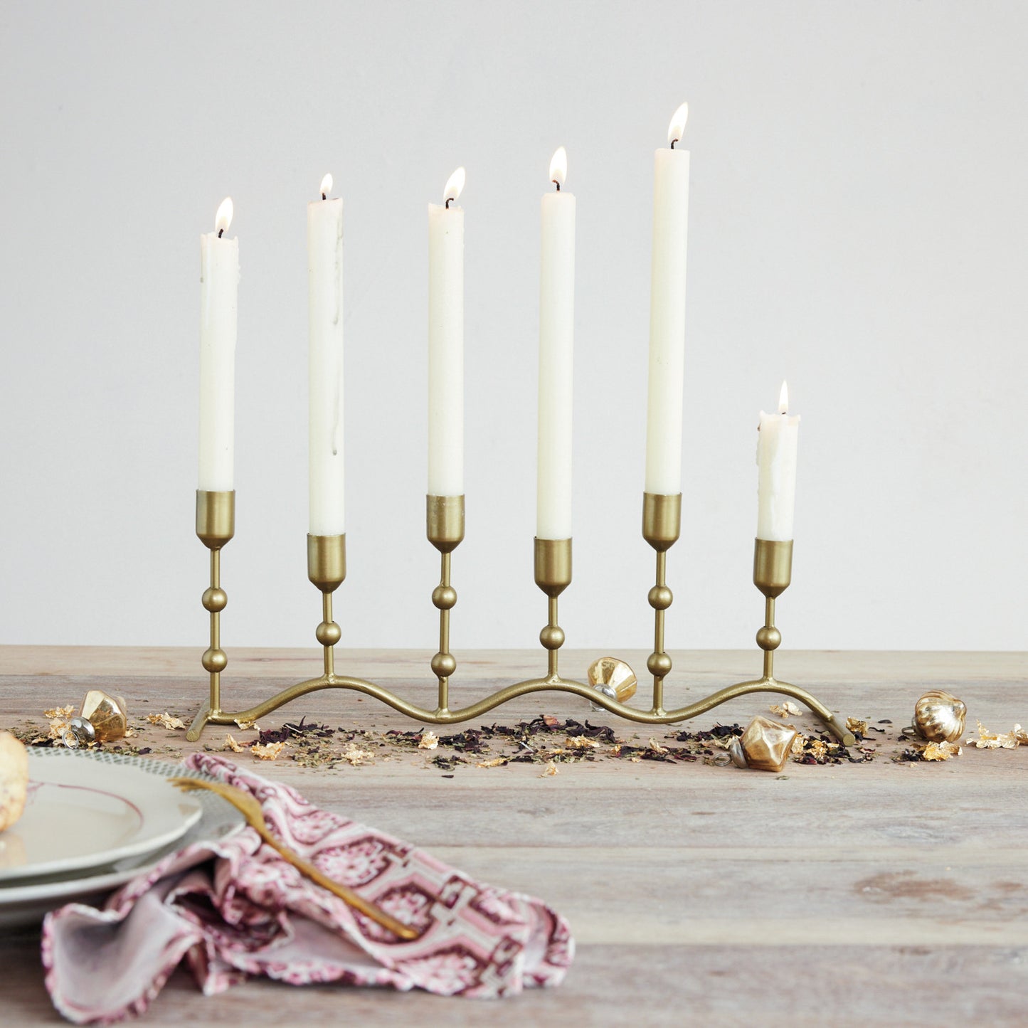 Hand-Forged Iron Candle Runner with Balls & Curved Base (Holds 6 Tapers)