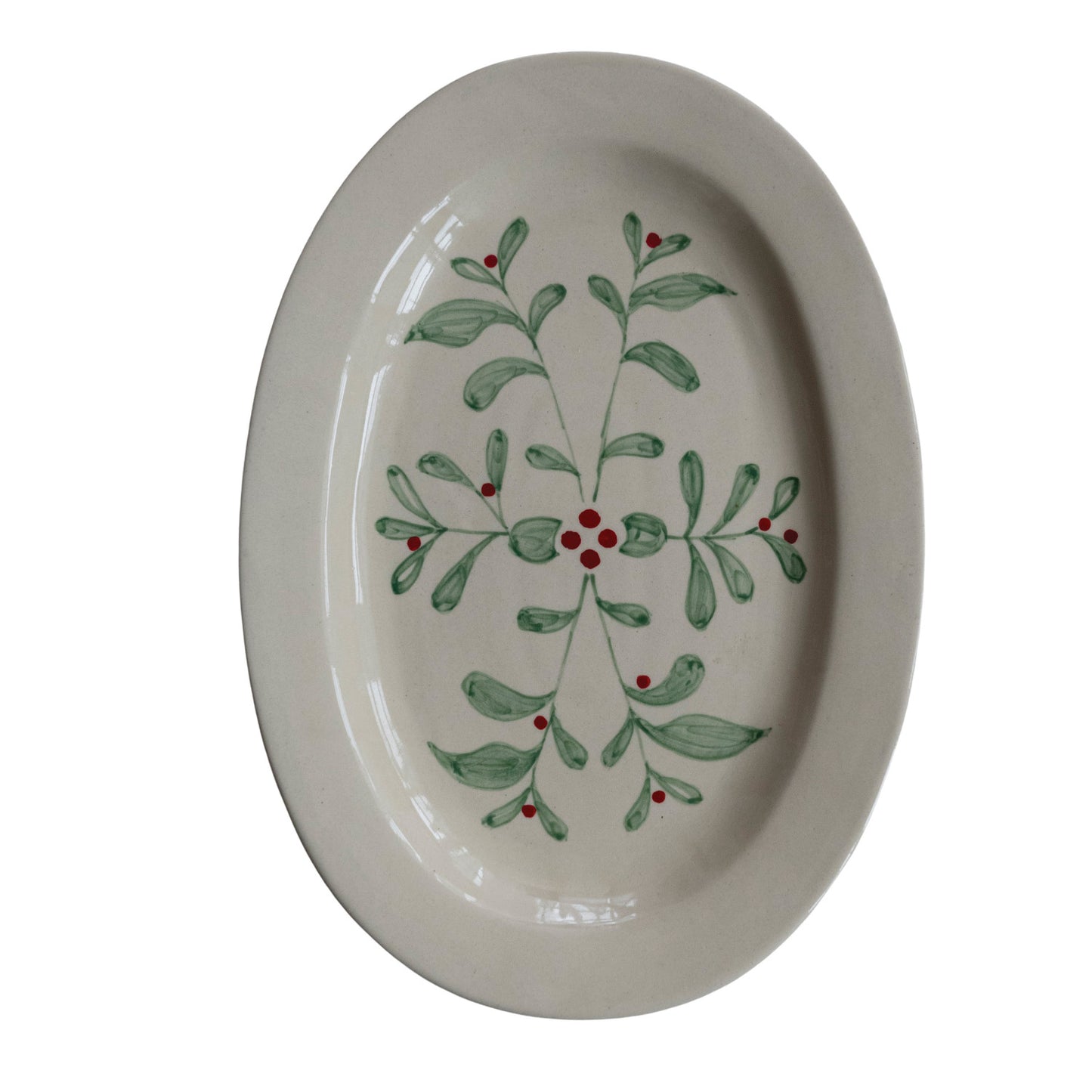 Hand-Painted Stoneware Platter with Mistletoe, Green & Red (Each One Will Vary)