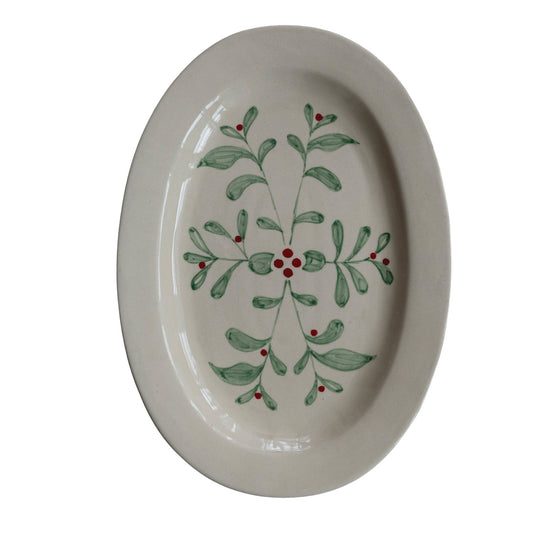 Hand-Painted Stoneware Platter with Mistletoe, Green & Red (Each One Will Vary)