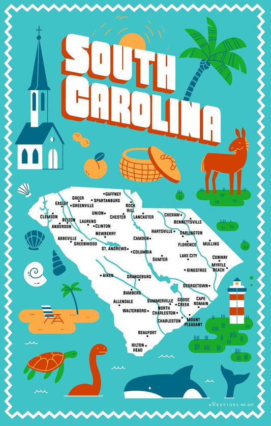 South Carolina State Icons Tea Towel