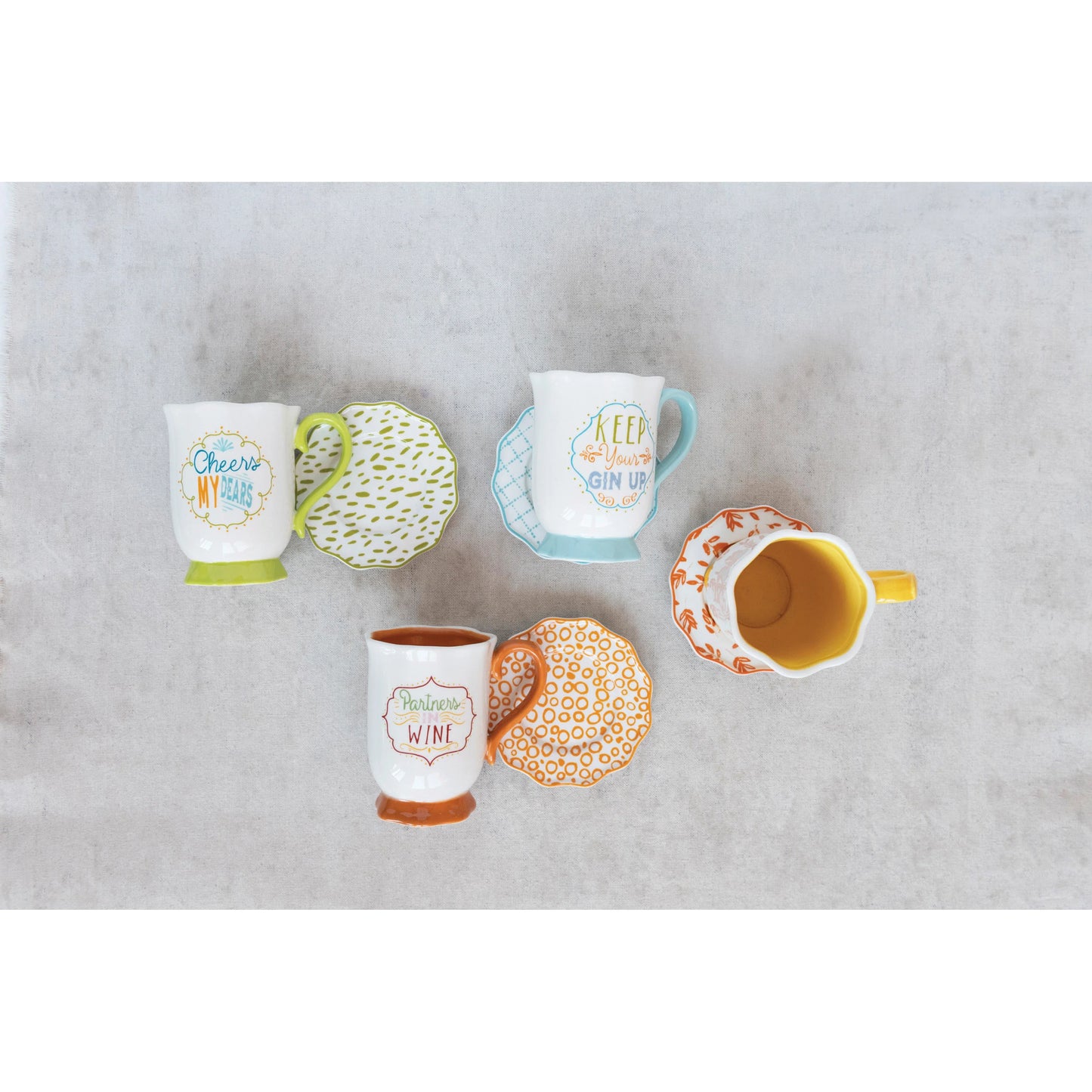 Hand-Painted Stoneware Mug & Saucer w/ Saying, Multi